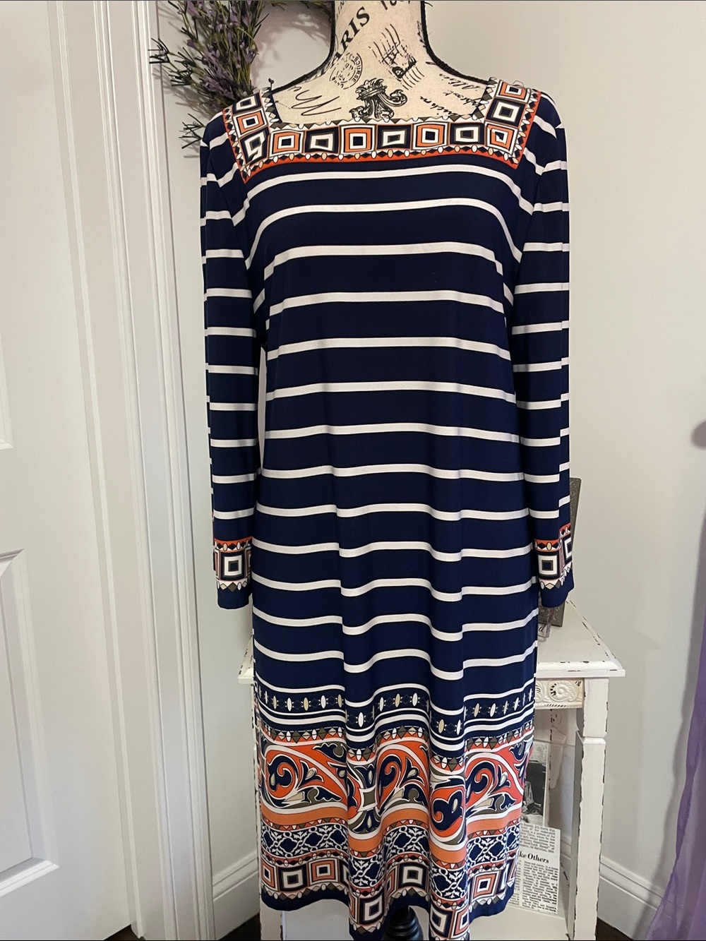 Navy Stripe Border Print Long Sleeve Dress